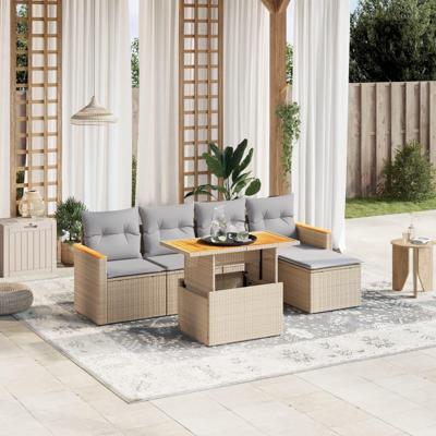 6-delige Loungeset met kussens poly rattan beige