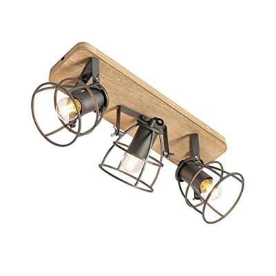 QAZQA Industriële spot donkergrijs met hout verstelbaar 3-lichts -