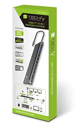 TECHLY 365368 docking station 12 in 1 USB-C-hub VGA HDMI DP RJ45 met Micro SD/SD-speler donkergrijs