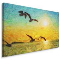 Schilderij - Zeemeeuwen en ondergaande zon, Print op canvas, premium Print - thumbnail