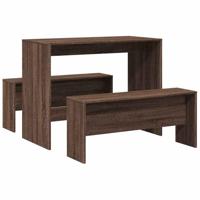 3-delige Eettafel en bankenset bewerkt hout bruin eikenkleur - thumbnail