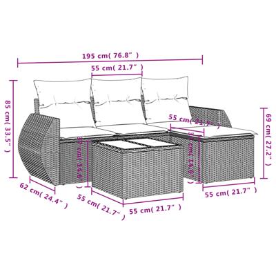 4-delige Loungeset met kussens poly rattan bruin