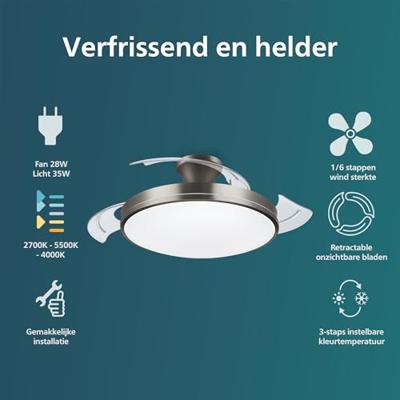 Philips LED Atlas Plafondventilator 28 W, 35 W (Ø x h) 490 mm x 418 mm Nikkel Met lamparmatuur, Timer