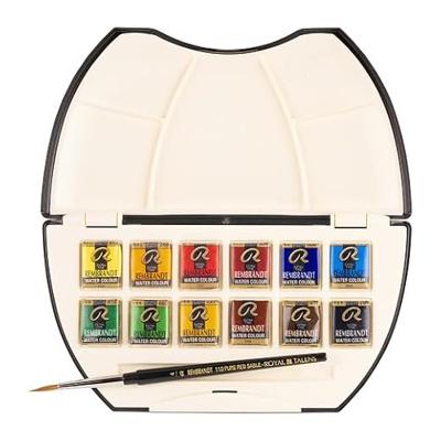 Rembrandt Professionele Aquarelverf Kunststof Pocketbox Set - 12 Halve Napjes + 1 Penseel - Algemene Kleurselectie