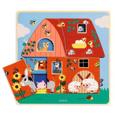 Puzzel 3 niveaus Bij Moo DJECO blauw