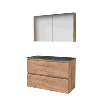 Basic-Line Comfort 46 Badkamermeubelset - 100 x 46 cm - Greeploos - 2 Lades - Hardstenen Wastafel - 1 Kraangat - Spiegelkast - Whisky Oak