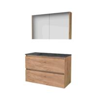 Basic-Line Comfort 46 Badkamermeubelset - 100 x 46 cm - Greeploos - 2 Lades - Hardstenen Wastafel - 1 Kraangat - Spiegelkast - Whisky Oak - thumbnail