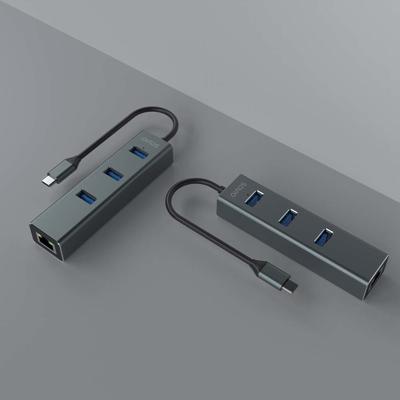 Savio AK-57 USB-C - 3 x USB-A HUB met RJ-45 Gigabit Ethernet adapter, 5000 Mbit/s, grijs - thumbnail