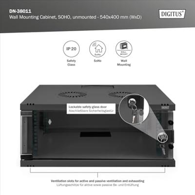 Digitus DN-38011 19inch-wandkast (b x h x d) 540 x 241 x 400 mm 4 HE Zwart (RAL 9005), Zwart Digitus DN-38011 19inch-wandkast (b x h x d) 540 x 241 x 400 mm 4 HE Zwart (RAL 9005), Zwart