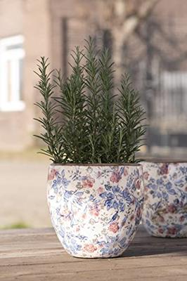 Clayre & Eef Bloempot Ø 18x17 cm Blauw Beige Keramiek Rond Bloemen