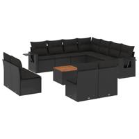 12-delige Loungeset met kussens poly rattan zwart - thumbnail