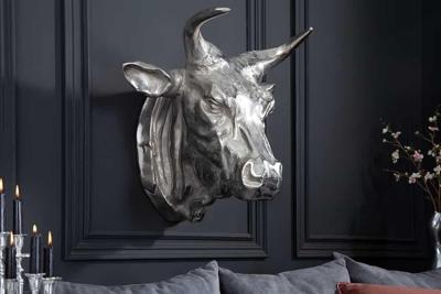 Extravagante wanddecoratie van een stierenkop TORERO 65cm zilveren decoratieve schedel - 17372