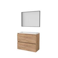 Basic-Line Framed 39 Badkamermeubelset - Ondiep - 80 x 39 cm - Greeploos - 2 Lades - Acryl Wastafel - 1 Kraangat - Spiegel met Zwart Aluminium Frame - Whisky Oak - thumbnail