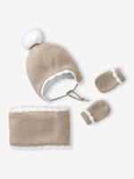 Feston set muts, snood en wanten baby gemêleerd beige - thumbnail