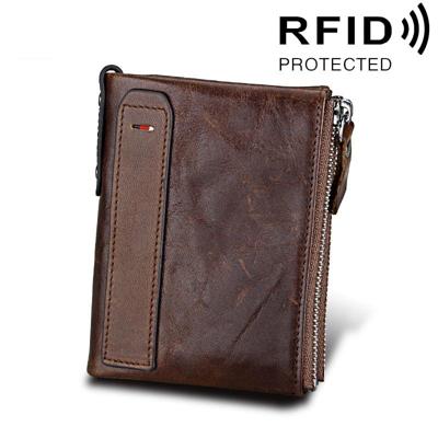 Echte koeienhuid Crazy Horse textuur dubbele rits korte stijl Card houder portemonnee RFID blokkeren kaart leerzak beschermen hoes voor mannen, maat: