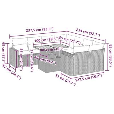 9-delige Loungeset met kussens poly rattan grijs