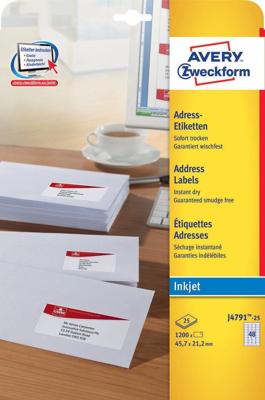 Avery-Zweckform Adresetiketten J4791-25 (N/A ),Wit, Rechthoek, Afgeronde hoeken, 1200 stuk(s), Permanent hechtend Avery-Zweckform Adresetiketten J4791-25 (N/A ),Wit, Rechthoek, Afgeronde hoeken, 1200 stuk(s), Permanent hechtend