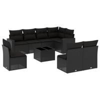 9-delige Loungeset met kussens poly rattan zwart - thumbnail