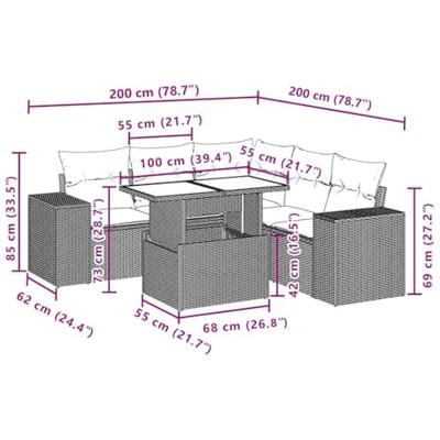 6-delige Loungeset met kussens poly rattan zwart