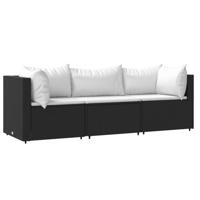 3-delige Loungeset met kussens poly rattan zwart - thumbnail