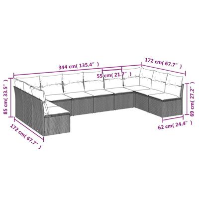 10-delige Loungeset met kussens poly rattan zwart - thumbnail