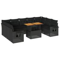 10-delige Loungeset met kussens poly rattan zwart - thumbnail