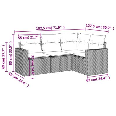 4-delige Loungeset met kussens poly rattan grijs - thumbnail