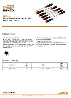 Bahco Schroevendraaierset BahcoFit | rubber greep | TORX® - 10-delig - B219.210 Bahco Schroevendraaierset BahcoFit | rubber greep | TORX® - 10-delig - B219.210