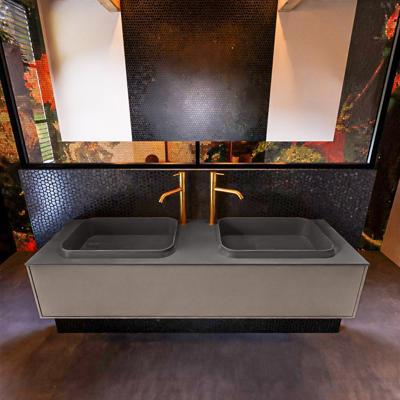 Badkamermeubelset Mondiaz Erin 150 cm met 1 Lade met RIDGE Wastafel Dubbel Dark grey met 2 kraangaten Greeploos Mat Smoke