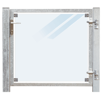 Glazen Tuinpoort Gehard Gelaagd Mat Glas 99 x 91 CM + 16 CM Stalen Palen Voor In Beton - Rechts Opgehangen Glazen Tuinpoort Gehard Gelaagd Mat Glas 99 x 91 CM + 16 CM Stalen Palen Voor In Beton - Rechts Opgehangen