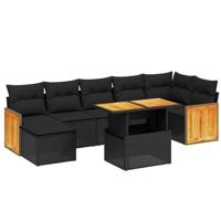 8-delige Loungeset met kussens poly rattan zwart - thumbnail