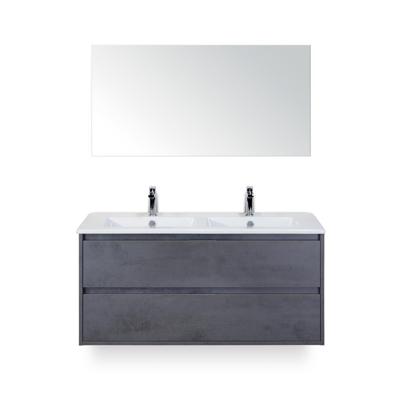 Porto Badmeubelset 120 cm - 2 laden Beton Antraciet - Keramische Wastafel Wit Slim - met Spiegel