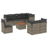 9-delige Loungeset met kussens poly rattan grijs - thumbnail