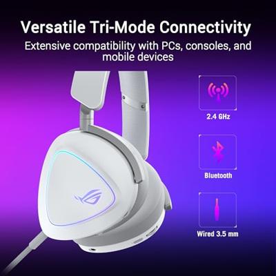 ASUS ROG Delta II Draadloze Gaming Hoofdtelefoon, 2,4 GHz en Bluetooth, grote en authentieke DualFlow-audio, 50 mm titanium geplateerde driver, voor PC, Mac, PS, Switch, Android, wit