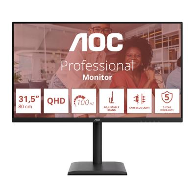 AOC Q32E4U Monitor 31,5 inch WQHD 100Hz, IPS-paneel, 4ms GTG, adaptieve synchronisatie, HDR-modus, luidsprekerinstelling, luidspreker (2560 x 1440, HDMI 2X 1.4, DP 1.4, USB-hub) zwart