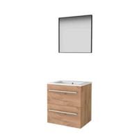 Basic-Line Framed 46 Badkamermeubelset - 60 x 46 cm - Met Grepen - 2 Lades - Keramische Wastafel - 1 Kraangat - Spiegel met Zwart Aluminium Frame - Whisky Oak - thumbnail