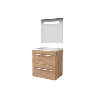 Basic-Line Economic 46 Badkamermeubelset - 60 x 46 cm - Met Grepen - 2 Lades - Acryl Wastafel - 1 Kraangat - Spiegel met LED Verlichting - Whisky Oak