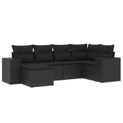 6-delige Loungeset met kussens poly rattan zwart