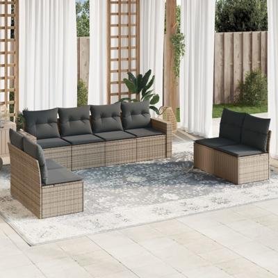 9-delige Loungeset met kussens poly rattan grijs