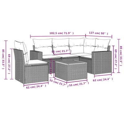 6-delige Loungeset met kussens poly rattan beige