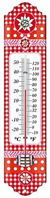 Metalen thermometer Alpen 29 cm rood voor gebruik binnen en buiten