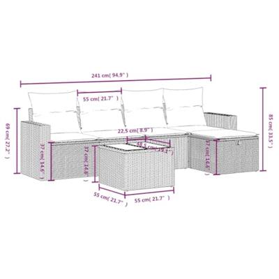 6-delige Loungeset met kussens poly rattan grijs