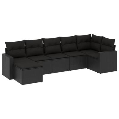 7-delige Loungeset met kussens poly rattan zwart - thumbnail