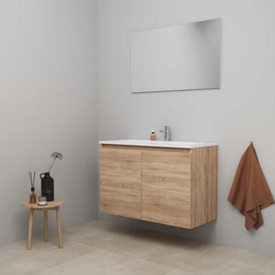 On-Line Badkamermeubelset - 100 cm - Voorgemonteerd - Greeploos 2 Deuren - Acryl Wastafel - 1 Kraangat - Spiegel - Eiken