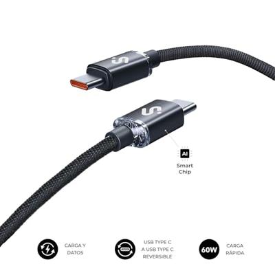 SUBBLIM Optimus, USB-C naar USB-C kabel, 60 W, 1 m, zwart, gevlochten nylon