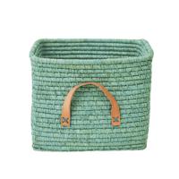 Raffia mand met muntkleurige leren handgrepen rice mintgroen - thumbnail
