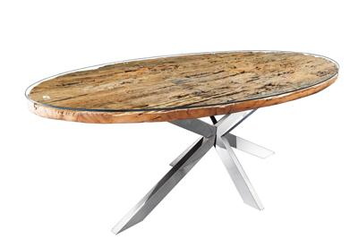 Massieve eettafel BARRACUDA 220cm bruin teakhout zilver steronderstel glazen blad - 43626