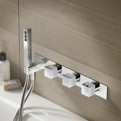 Badkraan Hotbath Bloke Inbouw Thermostatisch Vierkant Geborsteld Nikkel 3 Greeps met Handdoucheset Badkraan Hotbath Bloke Inbouw Thermostatisch Vierkant Geborsteld Nikkel 3 Greeps met Handdoucheset