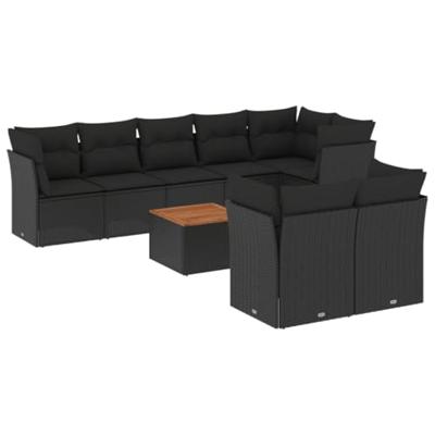 9-delige Loungeset met kussens poly rattan zwart