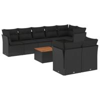 9-delige Loungeset met kussens poly rattan zwart - thumbnail